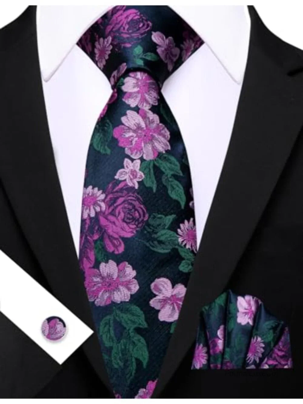Men's Silk Tie Cufflinks Pocket Square Set Floral (No colors)